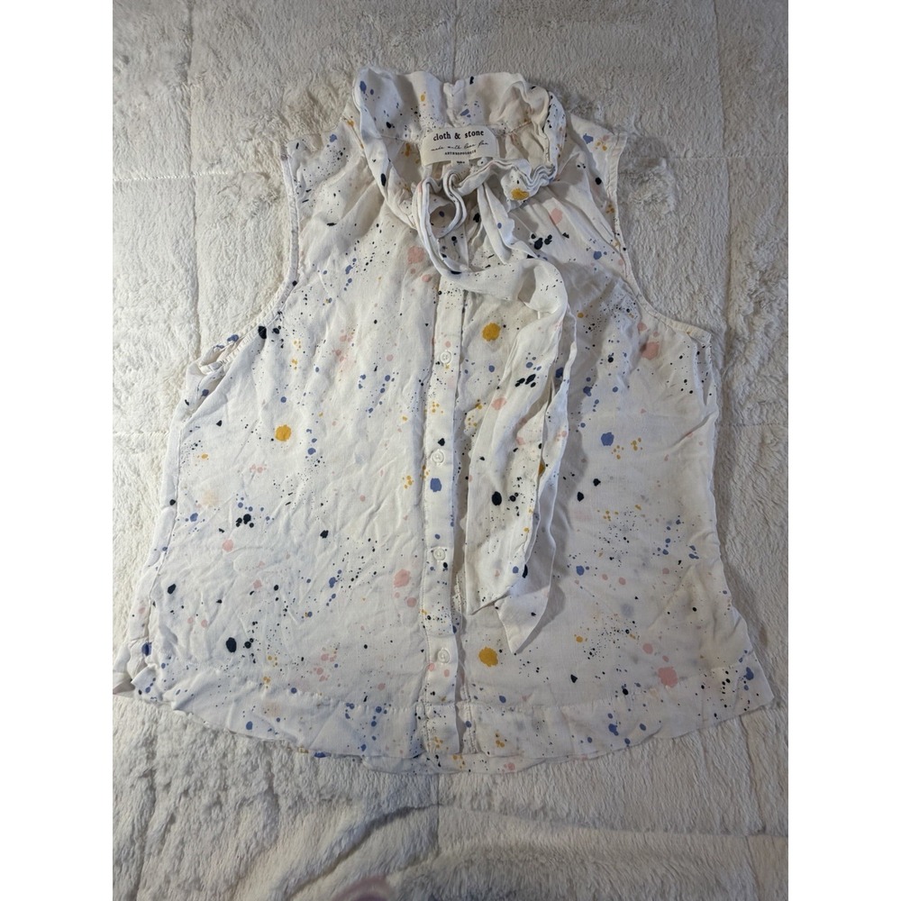 Cloth & Stone women White‎ Black dot sleeveless bow neck tie light shirt size S